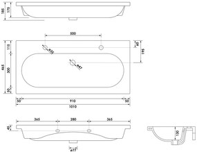 Brauer Moon wastafel keramiek 100cm met 2 kraangaten wit glans