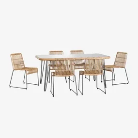 Rechthoekige Tafelset Van Synthetisch Riet (180x90 Cm) Leribert En 6 Tuinstoelen Van Synthetisch Rotan Aroa Natuurlijk - Sklum