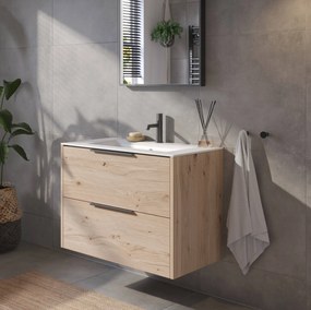 Saqu Lima badmeubel incl. keramische wastafel 80x46x61cm naturel eiken – mat zwarte greep