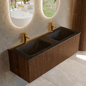 Mondiaz Kurve 130cm badmeubel walnut met 2 lades en wastafel cloud dubbel 2 kraangaten urban