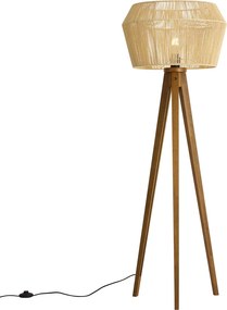 Vloerlamp vintage hout met bruine papieren touw kap 50/50/30 - Tripod Classic