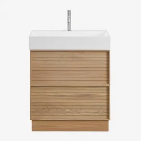 Badmeubelset 70x50 Cm Van Hout Met Geïntegreerde Wastafel Jolene Natuurlijk Hout & Spiegelloze & Geborsteld Grijs ↑20 Cm - Sklum