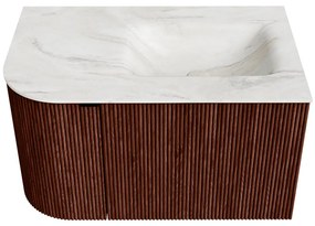 Mondiaz Kurve-dlux 75cm badmeubel ronding links ruby met 1 lade en deur en wastafel grunne kraangat rechts ostra