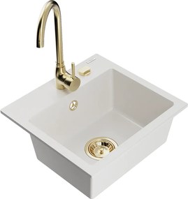 Mexen Milo granieten gootsteen 1-komers met keukenkraan Telma, wit - 6505-20-670200-50