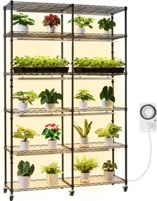 VEVOR plantenrek met groeilamp, 6-laags plantenrek met dubbele rij voor kamerplanten, wielen en timer, 200W full-spectrum lampen, bloeirek voor het opkweken van zaden, 120x35x180cm