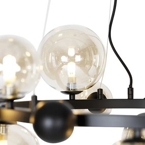 Art deco hanglamp zwart met amber glas 12-lichts - David