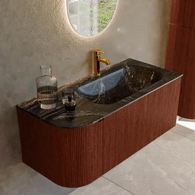 Mondiaz Kurve-dlux 105cm badmeubel ronding links ruby met 1 lade en deur en wastafel big small kraangat rechts lava