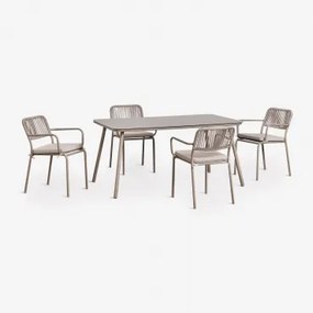 Rechthoekige Eettafelset 160x90 Cm Met 4 Stapelbare Eetkamerstoelen Van Gevlochten Touw Arhiza Moka Bruin - Sklum