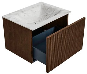 Mondiaz Kurve-dlux 60cm badmeubel walnut met 1 lade en wastafel cloud midden 1 kraangat glace