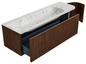 Mondiaz Kurve-dlux 145cm badmeubel ronding rechts walnut met 1 lade en deur en wastafel big large links zonder kraangat glace