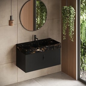 Muebles Zahora badmeubel ribbelfront 100cm zwart mat met Portoro Gold wastafel met kraangat
