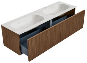 Mondiaz Kurve-dlux 150cm badmeubel walnut met 2 lades en wastafel stor small dubbel zonder kraangat ostra