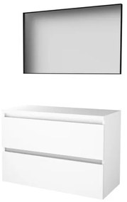 Basic-Line Framed 46 badkamermeubelset - 100x46cm - greeploos - 2 lades - wastafelblad - Spiegel - mat zwart aluminium frame - rondom - MDF lak Ice White 1813501