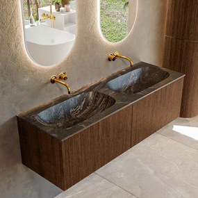 Mondiaz Kurve-dlux 140cm badmeubel walnut met 2 lades en wastafel stor small dubbel zonder kraangat lava