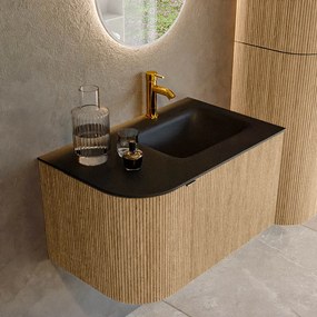 Mondiaz Kurve 75cm badmeubel ronding links oak met 1 lade en deur en wastafel grunne kraangat rechts urban