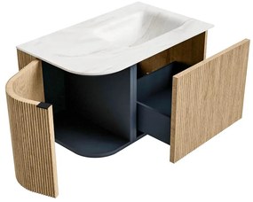 Mondiaz Kurve-dlux 75cm badmeubel ronding links oak met 1 lade en deur en wastafel grunne rechts zonder kraangat ostra