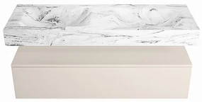 Mondiaz Alan DLux badmeubel 130cm linen 1 lade met wastafel glace dubbel 2 kraangaten
