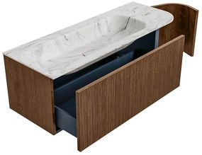 Mondiaz Kurve-dlux 125cm badmeubel ronding rechts walnut met 1 lade en deur en wastafel big medium links zonder kraangat glace
