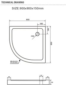 SaniGoods Rondo douchebak kwartrond 90x90x15cm