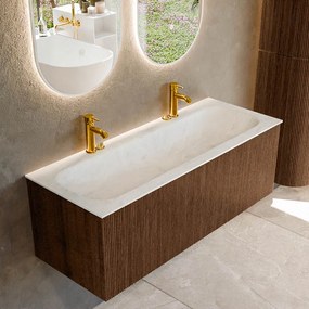 Mondiaz Kurve-dlux 120cm badmeubel walnut met 1 lade en wastafel big large midden 2 kraangaten opalo