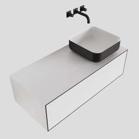 Zaro Lagom volledig naadloos solid surface onderkast met topblad 100cm mat zwart met 1 lades Push tot open. Compleet met solid surface opzetkom met 0 kraangat(en)