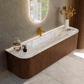 Mondiaz Kurve-dlux 160cm badmeubel ronding links/rechts walnut met 1 lade en 2 deuren en wastafel big medium midden 1 kraangat glace