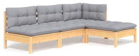 vidaXL 4-delige Loungeset met grijze kussens grenenhout
