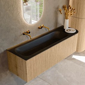 Mondiaz Kurve 145cm badmeubel ronding rechts oak met 1 lade en deur en wastafel big large links zonder kraangat urban