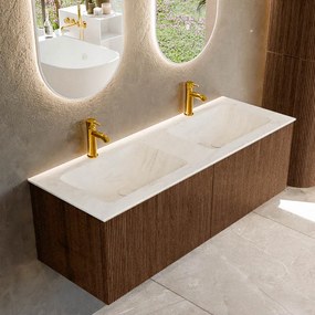 Mondiaz Kurve-dlux 130cm badmeubel walnut met 2 lades en wastafel leaf dubbel 2 kraangaten opalo