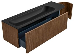 Mondiaz Kurve 145cm badmeubel ronding rechts walnut met 1 lade en deur en wastafel big large kraangat links urban