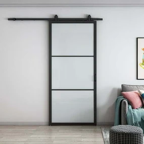Stalen Schuifdeur -  3-vaks Helder Glas - Zwart - Incl. Rails