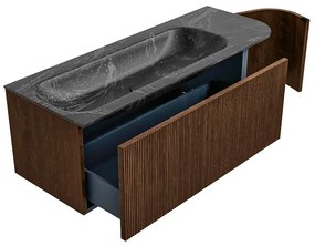 Mondiaz Kurve-dlux 125cm badmeubel ronding rechts walnut met 1 lade en deur en wastafel big medium kraangat links lava