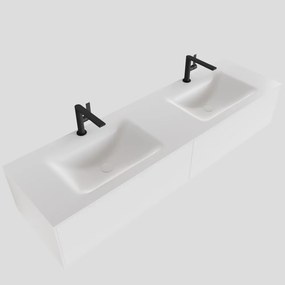 Zaro Lagom volledig naadloos solid surface onderkast 160cm mat wit met 2 lades Push tot open. Compleet met solid surface wastafel met 2 kraangat(en)