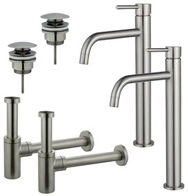 Fortifura Calvi Slim Wastafelkraanset - voor dubbele wastafel - verhoogde wastafelkraan - klikwaste plug - design sifon - Geborsteld RVS PVD (RVS) 2x SW377859/2x SW696201/2x SW696212