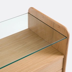 Eiken fineer dressoir, blad van gehard glas, 2 deuren en 3 lades, ERICSON