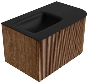 Mondiaz Kurve 75cm badmeubel ronding rechts walnut met 1 lade en deur en wastafel grunne links zonder kraangat urban