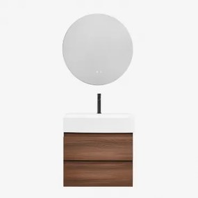Badkamermeubelset Van Hout En Essenhoutfineer Met Geïntegreerde Wastafel Ona Donker Hout & Round Led And Antifog Ø70 Cm Solyn & - Sklum