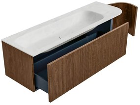 Mondiaz Kurve-dlux 145cm badmeubel ronding rechts walnut met 1 lade en deur en wastafel big large links 2 kraangaten opalo