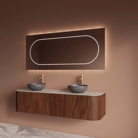 Gliss Design Alluro badmeubel ribbelfront met ronding links/rechts 160cm walnut en wit marmer toppaneel