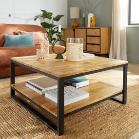 Vierkante salontafel van massief eikenhout en staal, HIBA