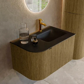 Mondiaz Kurve 75cm badmeubel ronding links dusk met 1 lade en deur en wastafel grunne kraangat rechts urban