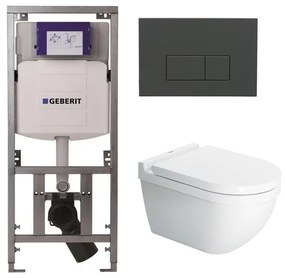 Duravit Starck 3 Toiletset - Geberit inbouwreservoir - toiletzitting Saniclass softclose zitting - QeramiQ bedieningsplaat met bedieningsplaat antraciet mat - rechthoekige knoppen - wit SW729015/0701131/ga69956/SW1102377