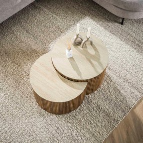 Set Salontafels Ribbelhout En Traverin - 60 X 60cm.