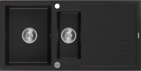 Mexen Andres granitische spoelbak 1,5-vaks met afdruiprek 1000 x 500 mm, zwart, chromen sifon - 6515101510-77