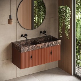 Muebles Zahora badmeubel ribbelfront 120cm terracotta met Dark Emperador wastafel zonder kraangaten