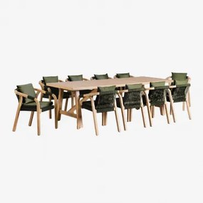 Set Van Rechthoekige Tafel (260x100 Cm) En 10 Tuinstoelen In Acaciahout Dubai Leger Groen – Koel & Rustiek Acaciabruin - Sklum
