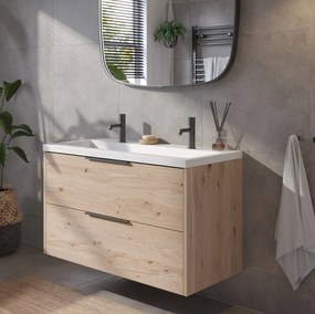 Saqu Lima badmeubel incl. mat witte wastafel met 2 kraangaten 100x52x64cm naturel eiken – mat zwarte greep