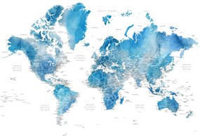 Kaart Blue watercolor world map with cities, Raleigh, Blursbyai