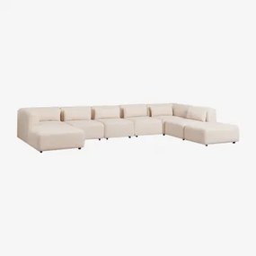 6-delige Chaise Longue Modulaire Bank Links Met Fogler Poef Chenille Crème Beige - Sklum