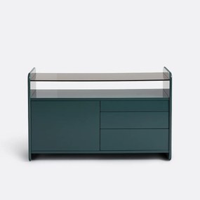 Gelakt dressoir met blad van gerookt gehard glas, 1 deur en 3 lades, ERICSON